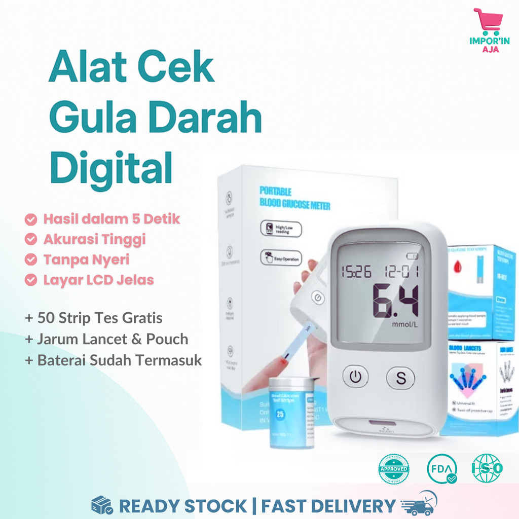 IMPOR`IN AJA - Alat Cek Gula Darah Digital Portable | Alat Monitoring Gula Harian | Mudah Digunakan