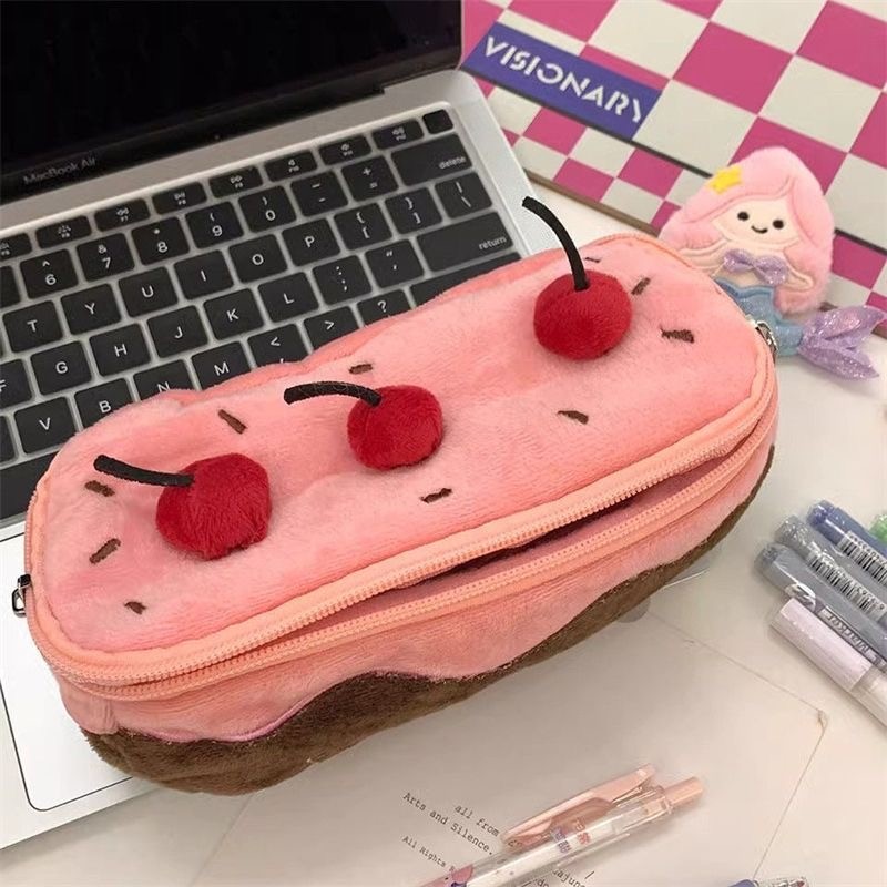 

3D Tempat Pensil Kue Ceri Lucu Tas High -Value Student Large -kapacity Pencil Box Bag Tas Teks