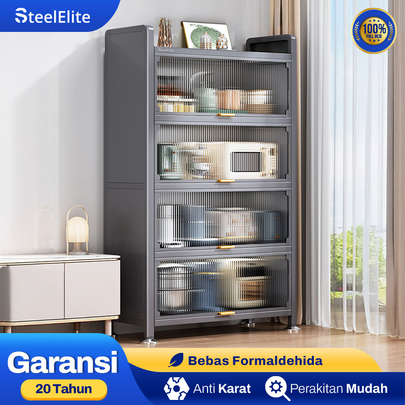 STEEL ELITE-Lemari Piring Tertutup Lemari Dapur Estetik Minimalis Rak Dapur Besi Serbaguna Stainless
