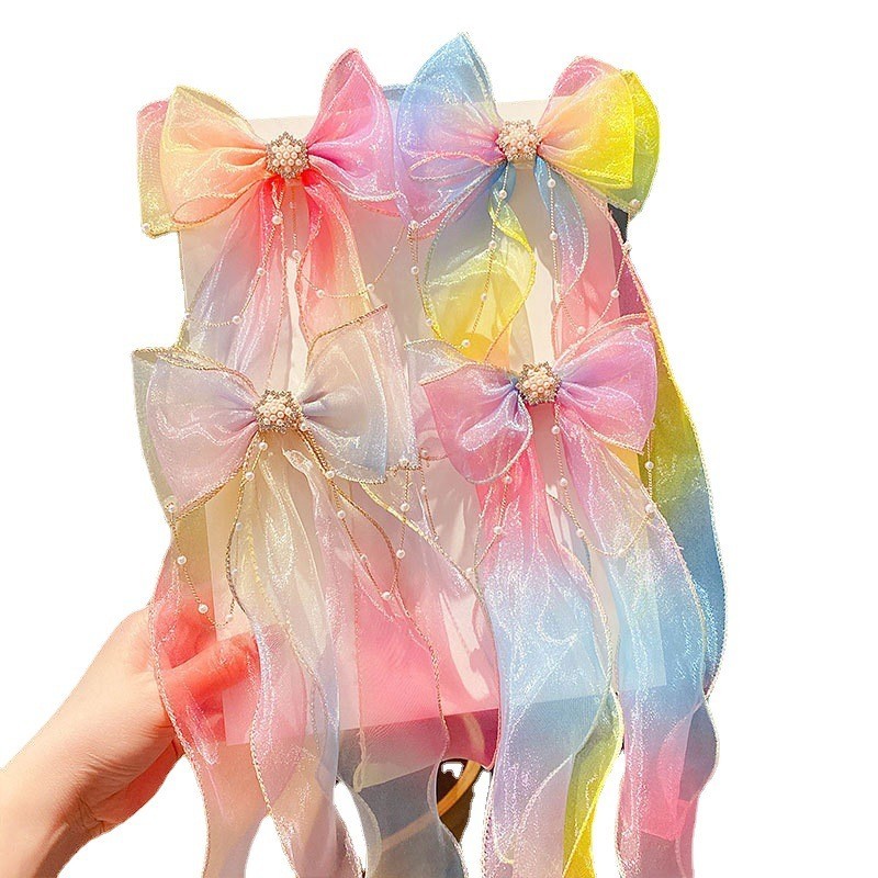 Hair Clip Anak Perempuan Pita Pelangi Imut untuk Kuncir & Kepang Jepit Rambut Anak Gaya Princess Har