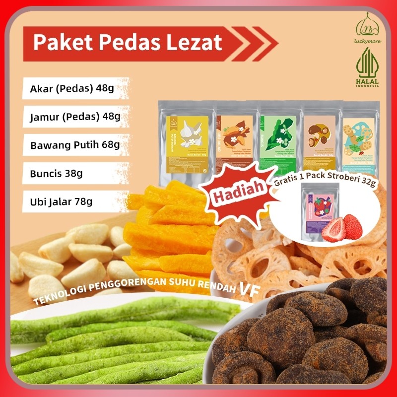 

[Luckymore] HALAL Paket Keripik Pedas Sehat 5 Rasa Sayur dan Bonus Stroberi Tanpa MSG Halal Renyah Snacks, Dried Snacks, Camilan Sehat, Keripik Stroberi