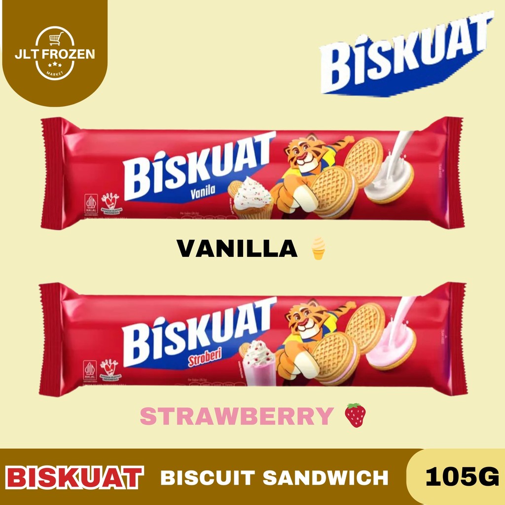 

Biskuat Biscuit / Sandwich / Biskuit / Snack / Cemilan / Dengan Krim Vanila / Krim Strawberry Kemasan 105g