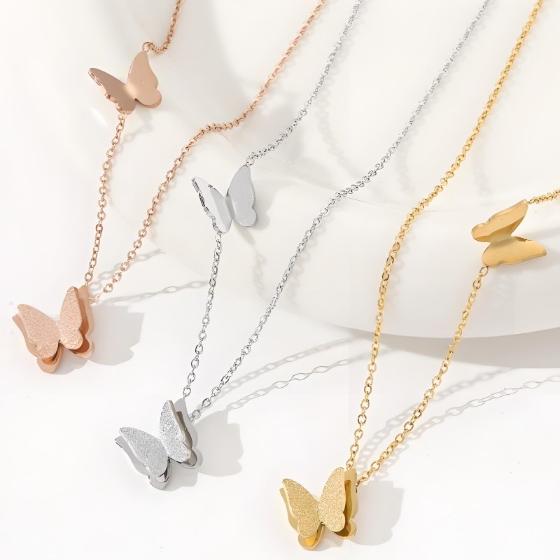 Kalung Kupu Kupu Titanium Minimalis Kalung Leher 3D Trendi Dan Serbaguna Style Korea