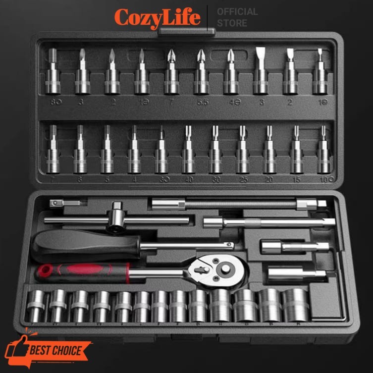 COZYLIFE Set Kunci Socket 46 PCS full Set (1/4 ") Pas Ring L Motor Kunci/kunci l set CR-V lengkap/ku