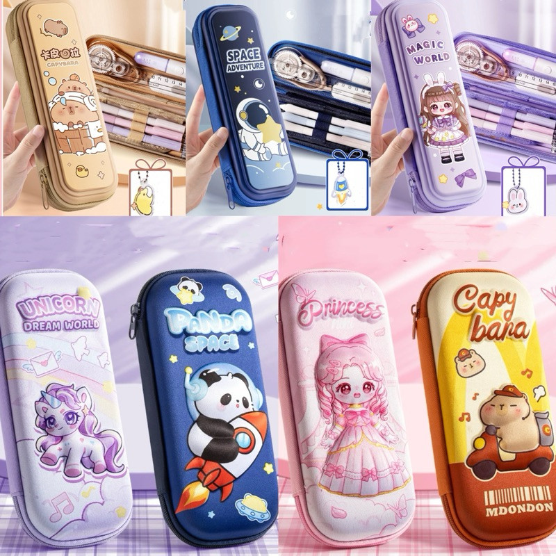 

3D pencil case box kotak pensil besar resleting capybara unicorn stationary case organizer korak art space unicorn pink