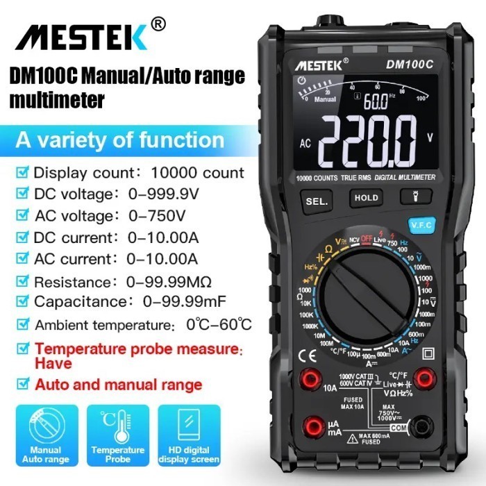 Multimeter Mestek DM100C TRMS AC DC Manual Auto Range NCV Multitester