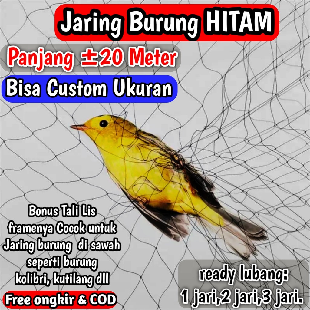 jaring burung Sawah Lubang Kecil Panjang 25 meter warna hitam