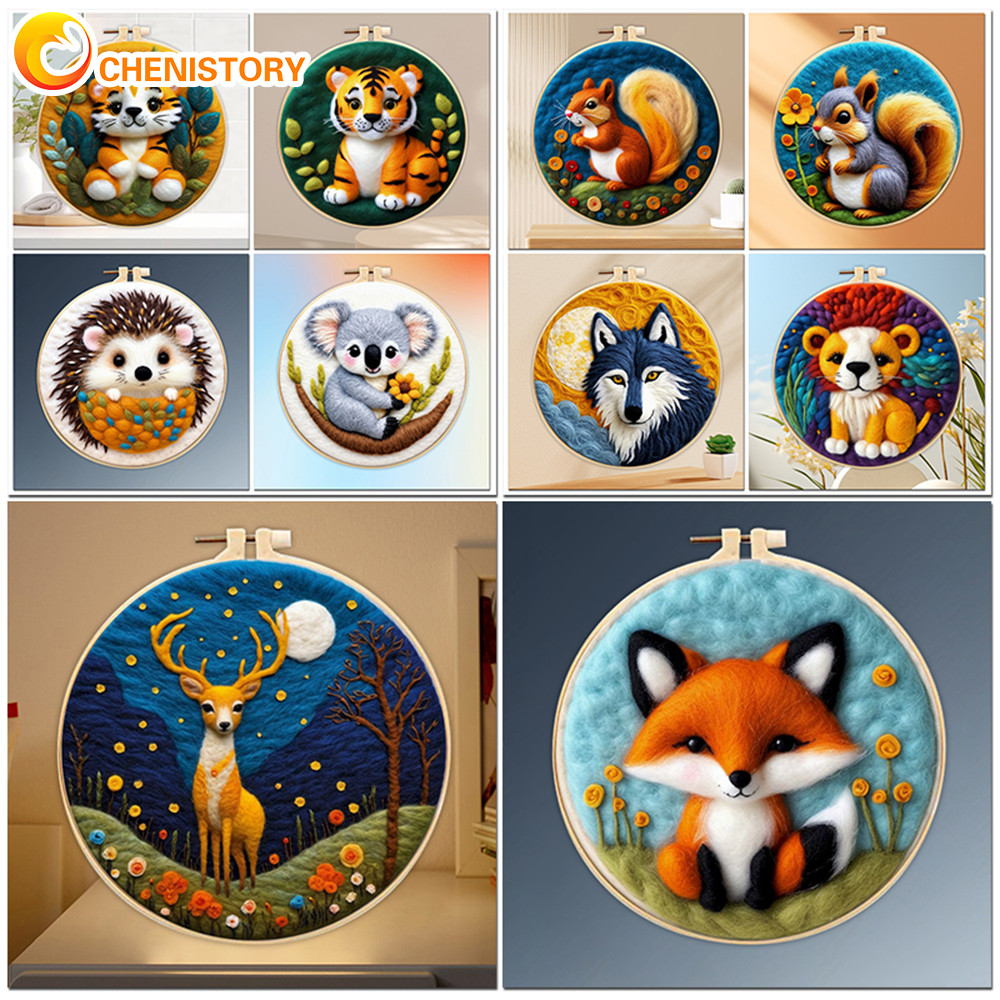

CHENISTORY Wool Felting Package Animal Tiger And Wolf Needle Felting Painting With Frame Kit For Beginner Cat Wool Felting Paint