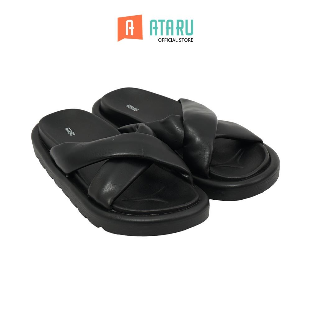Ataru Ukuran 37 Sandal Wanita Slide Pu Cross Strap - Hitam Women Slipper Sendal Kasual Outdoor Indoo