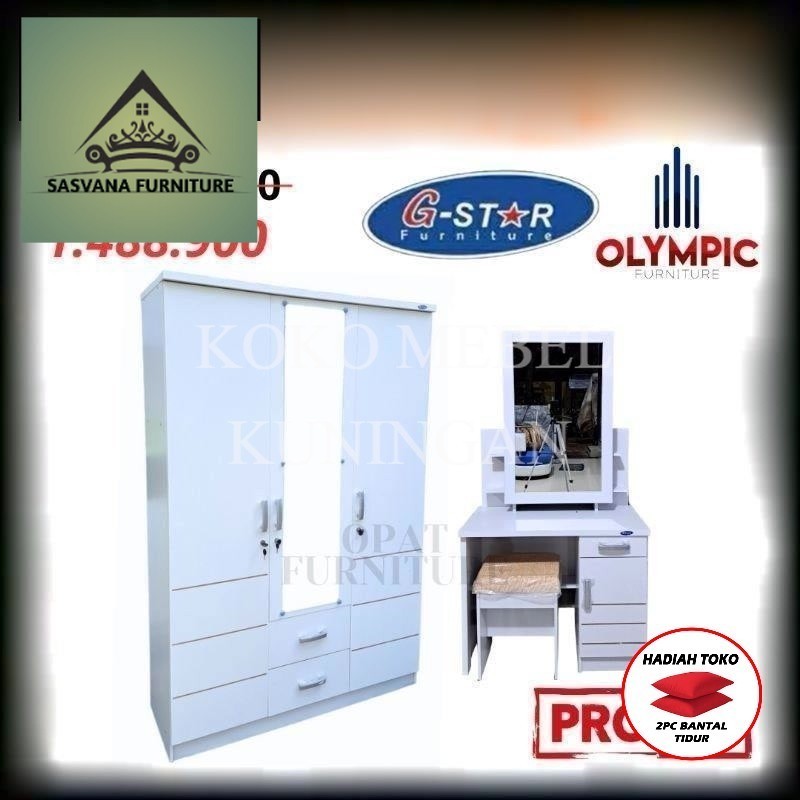 (FREE BANTAL TIDUR) Set Lemari Pakaian 3 Pintu dan Meja Rias Kaca Sliding - Lemari dan Meja Rias Mur