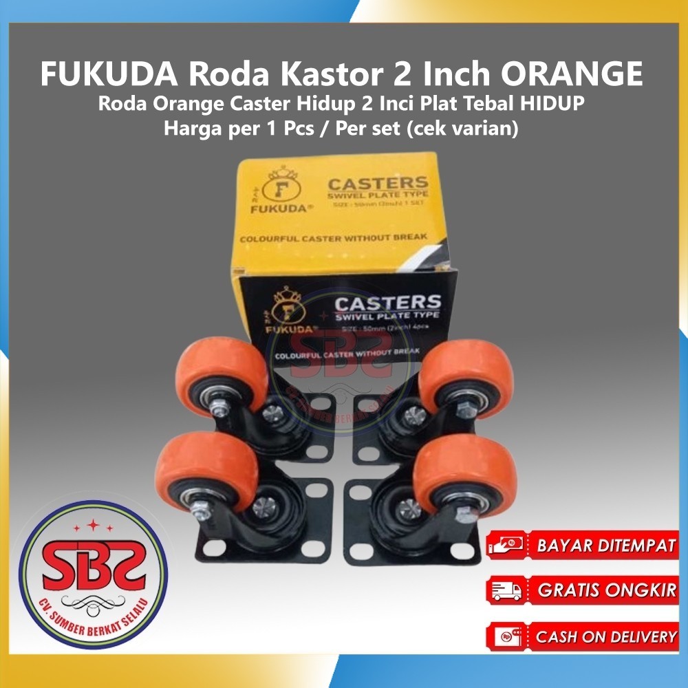 FUKUDA Roda Kastor 2 Inch ORANGE TEBAL Hidup TANPA REM / Castor Swifel Plate Etalase Troli PER SET -