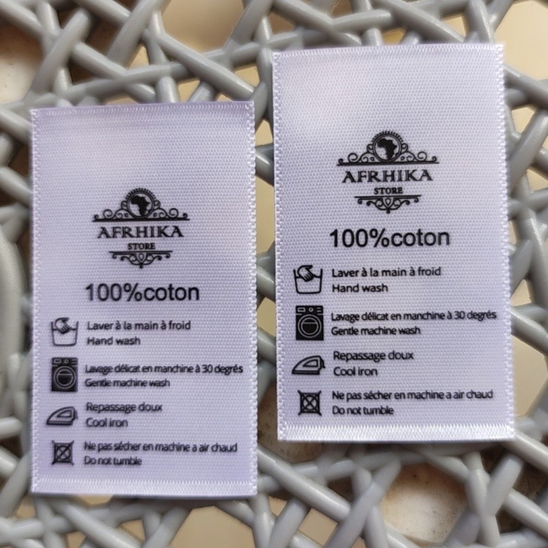 

500pcs Custom French language White Satin Washing Labels for baby clothing 3 * 5 cm Personalised print Silk Care Label