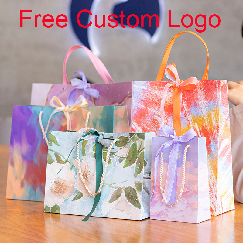 

5/10Pcs Free Custom Logo Gift Paper Bag Ribbon Shopping Clothing Bag Fashion Bow Tie Wedding Bag Cosmetic Perfume Bag