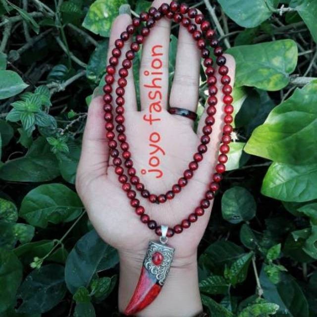 KALUNG TASBIH FOSIL AKAR BAHAR MERAH KRISTAL TEMBUS CAHAYA LIONTIN MODEL TARING