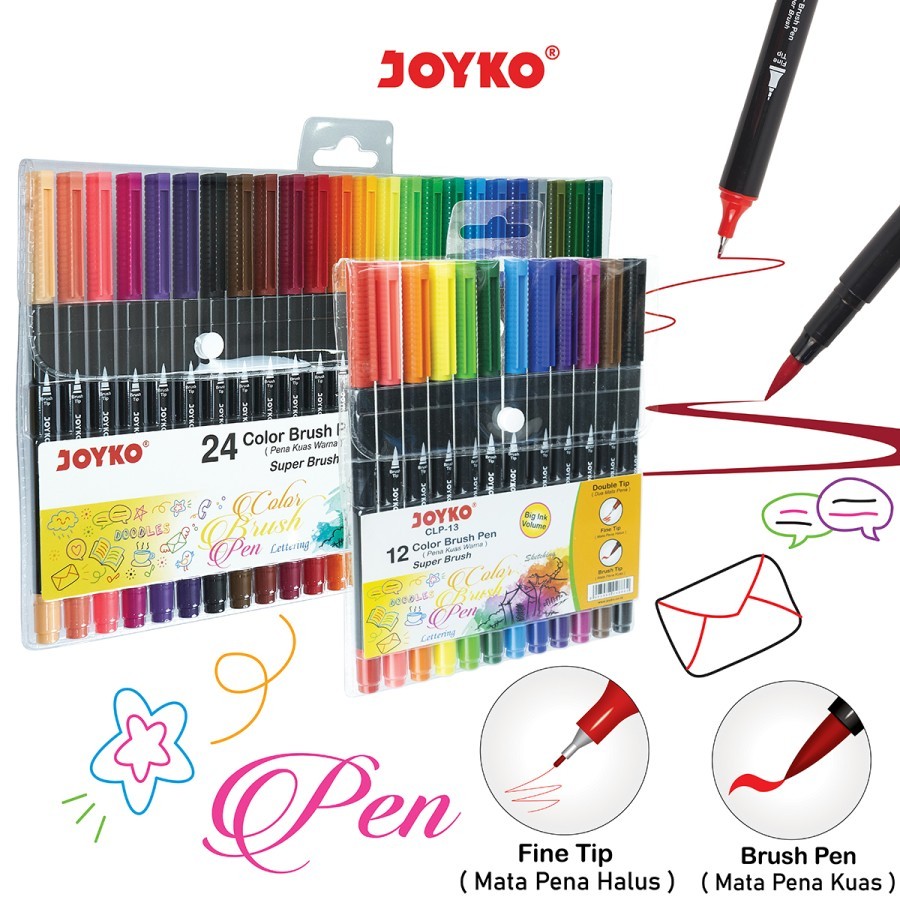 

Color Brush Pen - Pulpen Kuas Warna Joyko CLP-13 / 2 Fungsi Ballpoint Pena 12 Colors