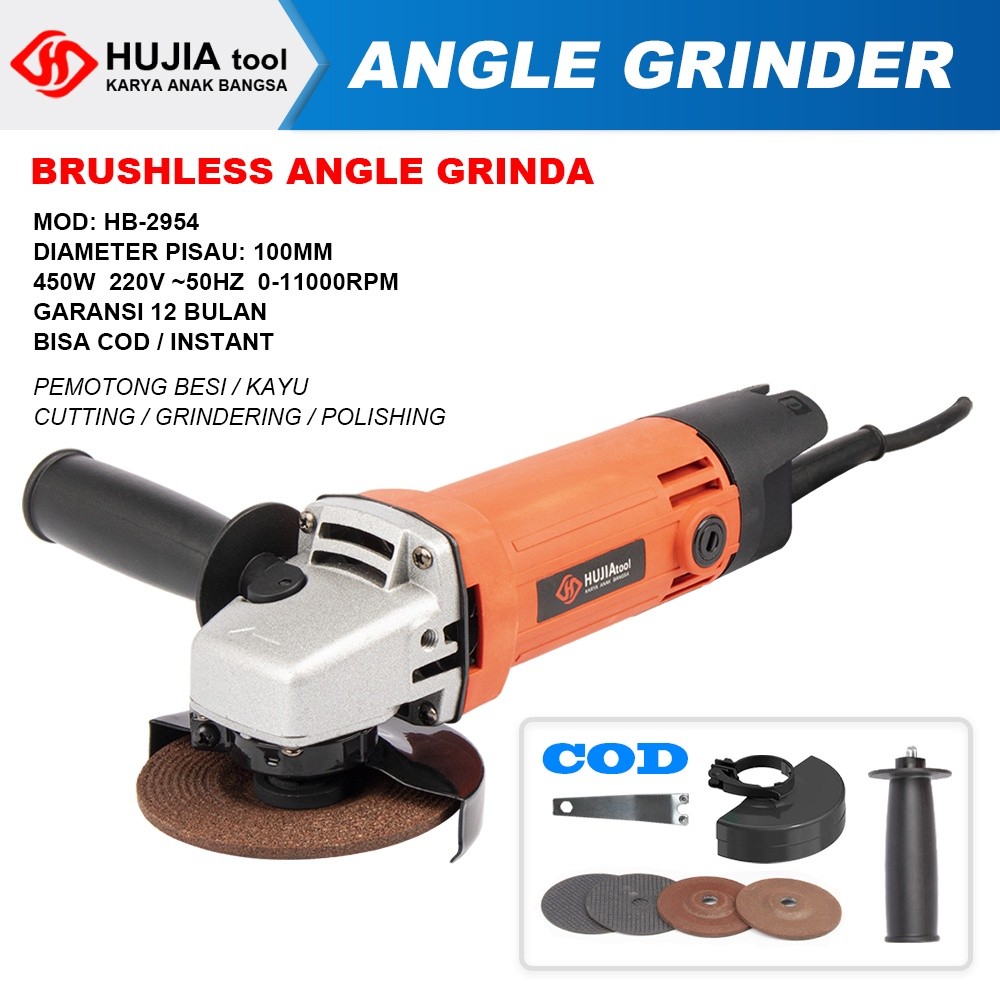 HUJIA Mesin Gerinda  4inch Electric Angle Grinder 450W Multifunction Mesin Potong dengan Dua Pemoles