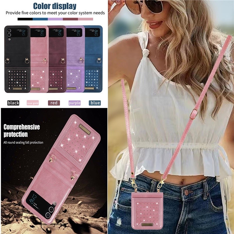 Kasus Kulit Samsung untuk Z Flip 4 Flip 3 Casing Crossbody Lanyard Full Protection Phone Case