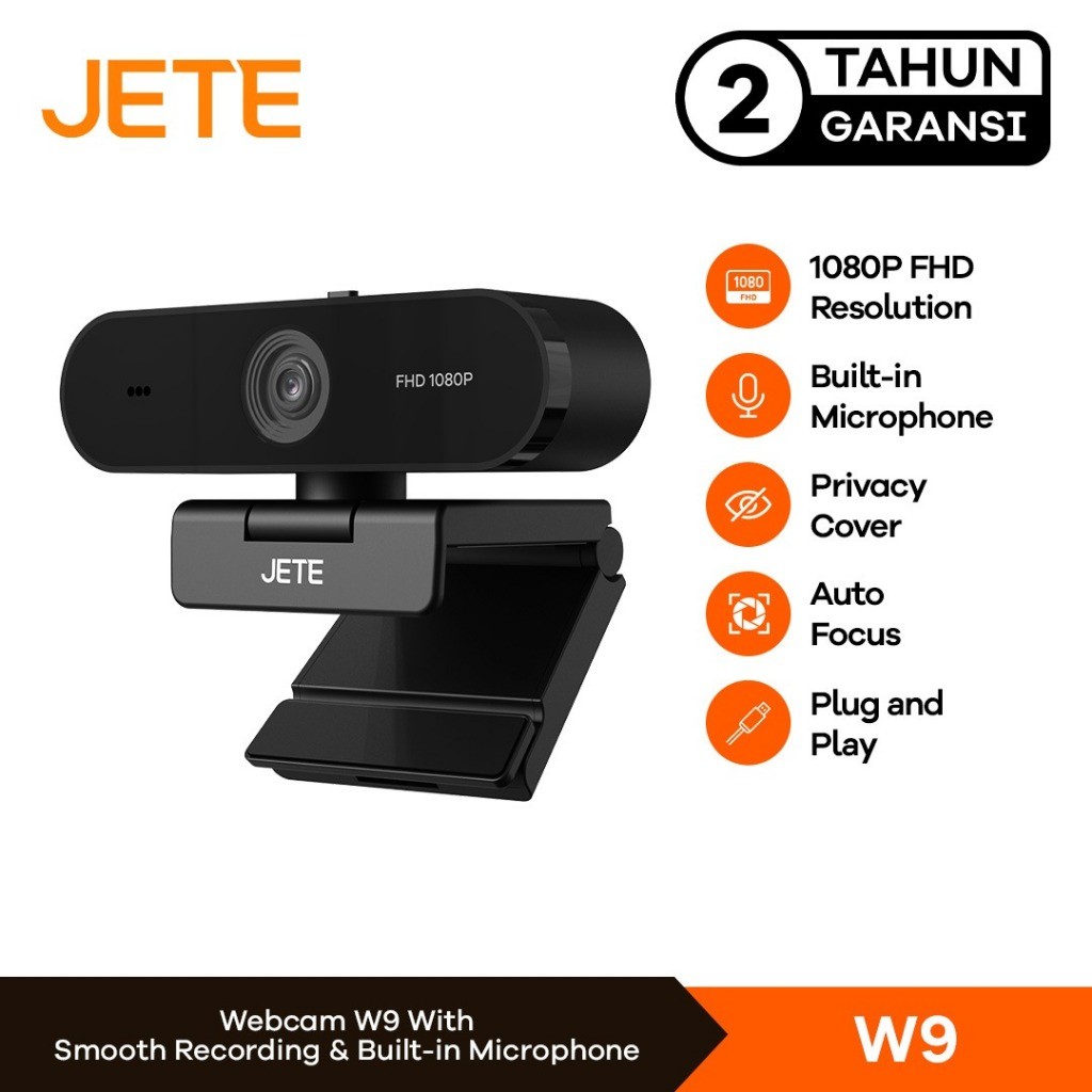 JETE W9 Webcam 1080p Full HD with Privacy Cover, 360 Rotation View - Garansi 2th