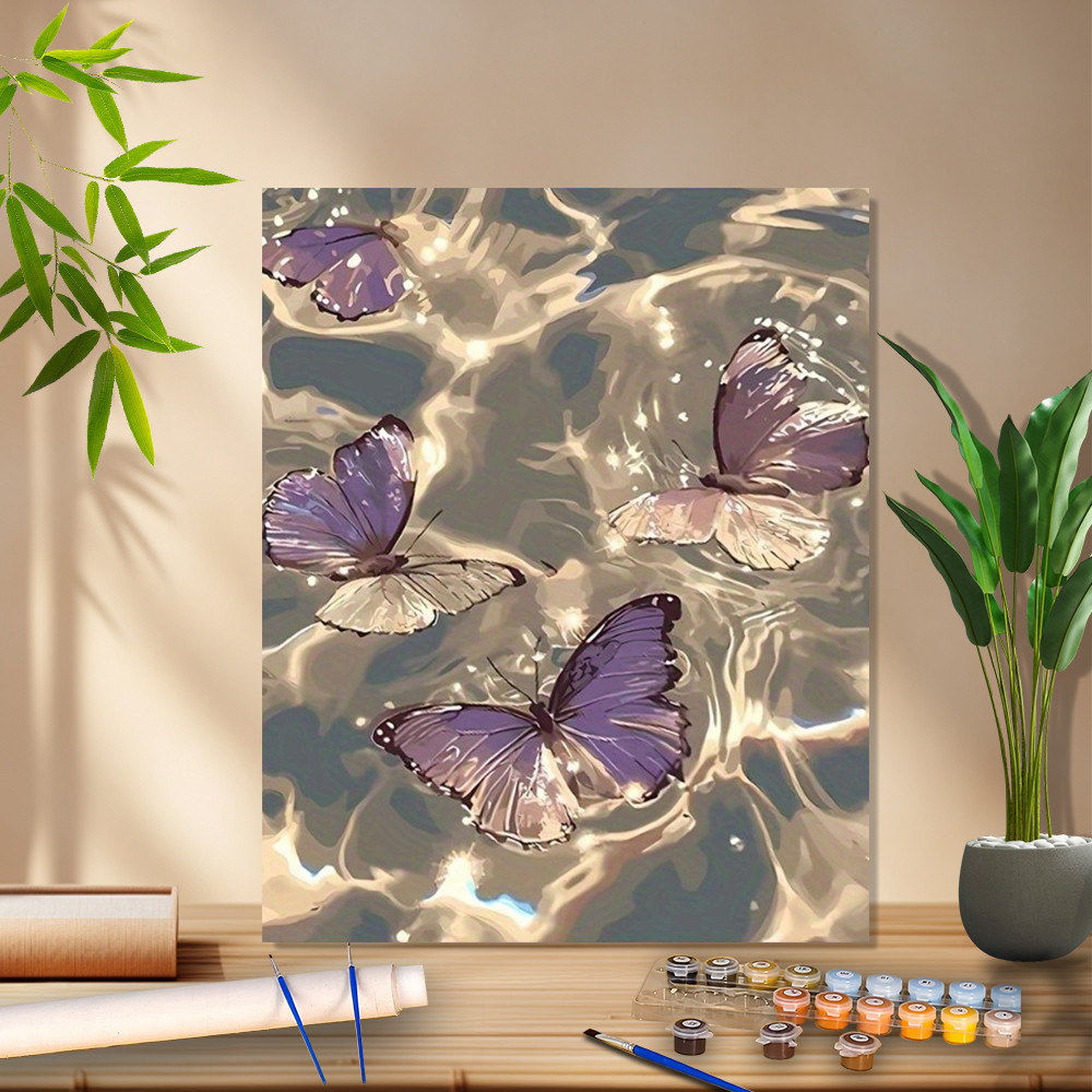 

1Pcs DIY digital oil painting kits, butterfly reflection water features, framed canvas hand-painted craft set 16x20 inches