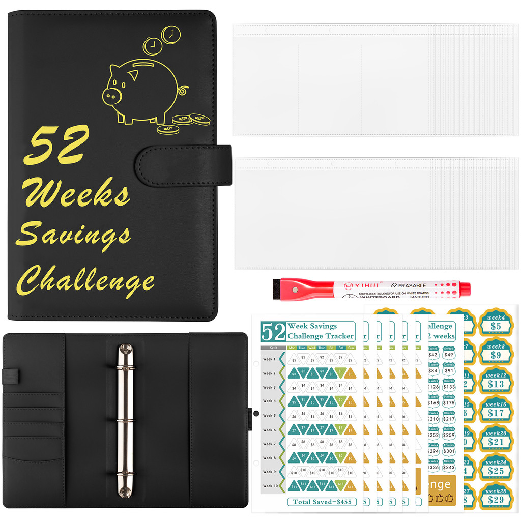 

50 pcs Leather 52 Week Challenge Binder Money Saving A5 - Reusable Challenge Book Budget Binder with Cash Stuffing Envelopes