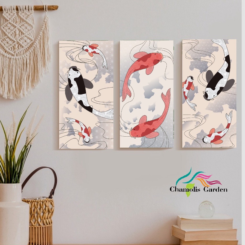 Chamolis Hiasan Dinding Minimalis Dekorasi Kamar Lukisan ikan Koi Japan Abstrak Poster Kayu 210902