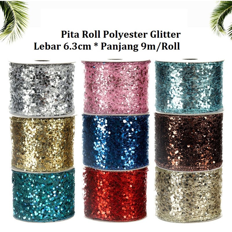 ACC190 Aksesoris Pita Roll (6.3cm*9m) Polyester Glitter Manik Tile Brokat Ornamen Pohon Natal Hiasan