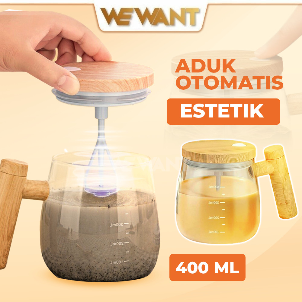 WEWANT Gelas Aduk Otomatis USB Cas 400ml Minimalis Kaca Tahan Panas Kopi Susu Teh Self Stirring Mug