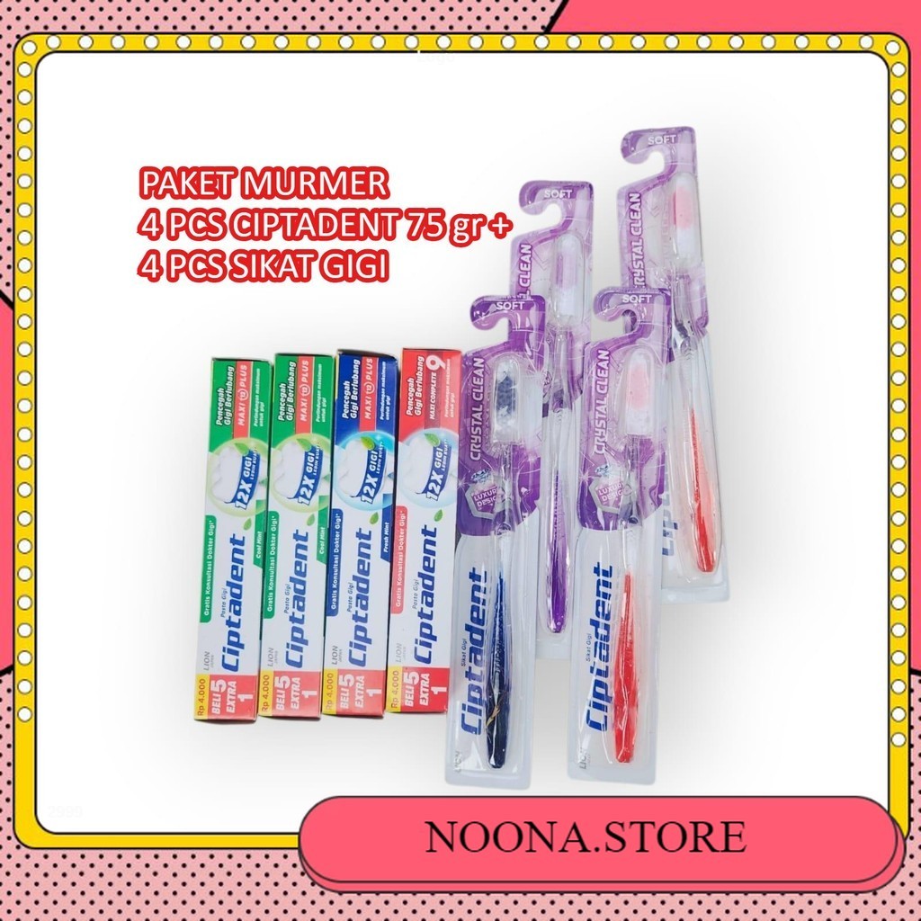 PAKET HEMAT 4 pcs Pasta Gigi CIPTADENT 75 gr + 4 Pcs Sikat Gigi CIPTADENT