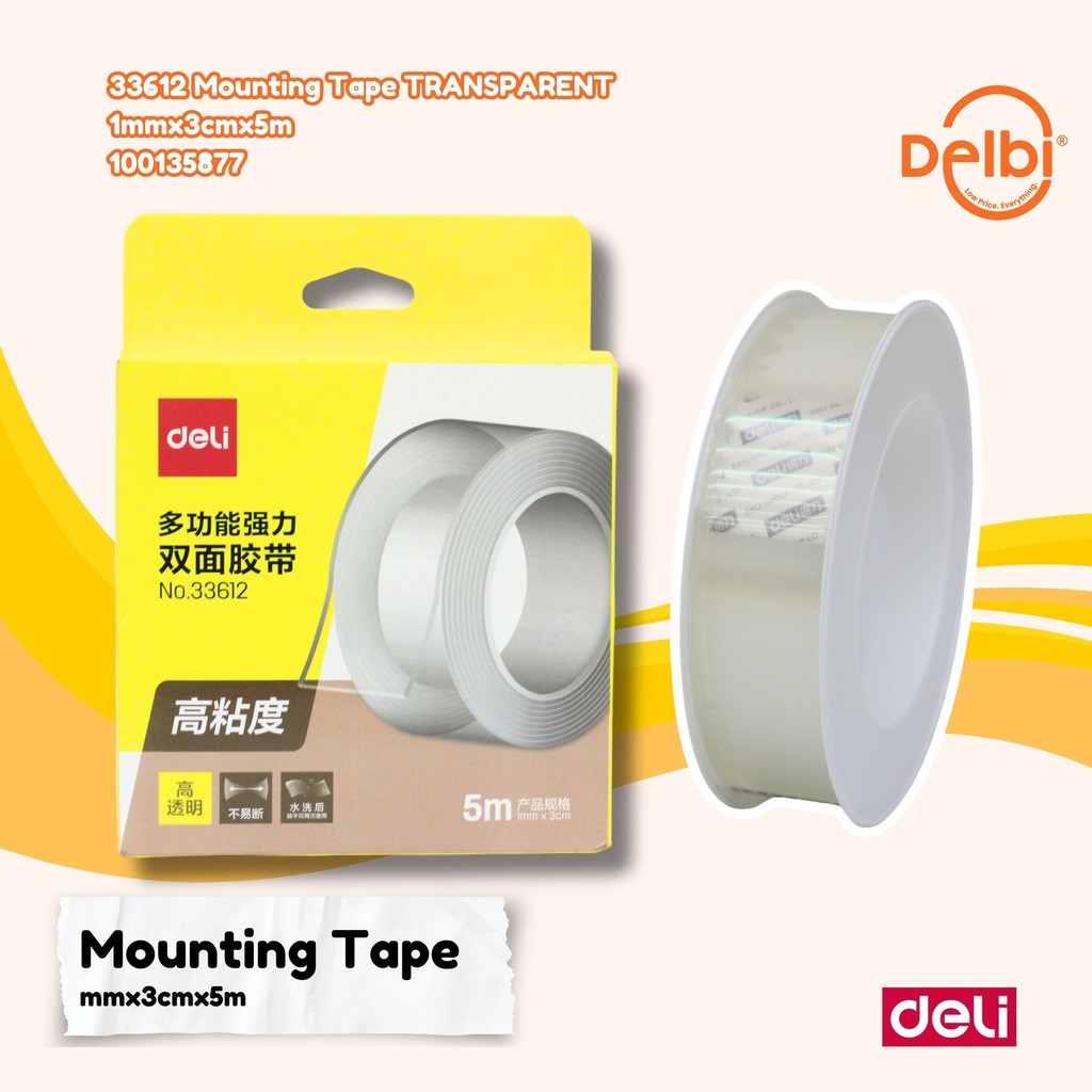 

Deli Double-sided Transparent Tape Double Tape Bening 33612 Mounting Tape TRANSPARENT 1mmx3cmx5m