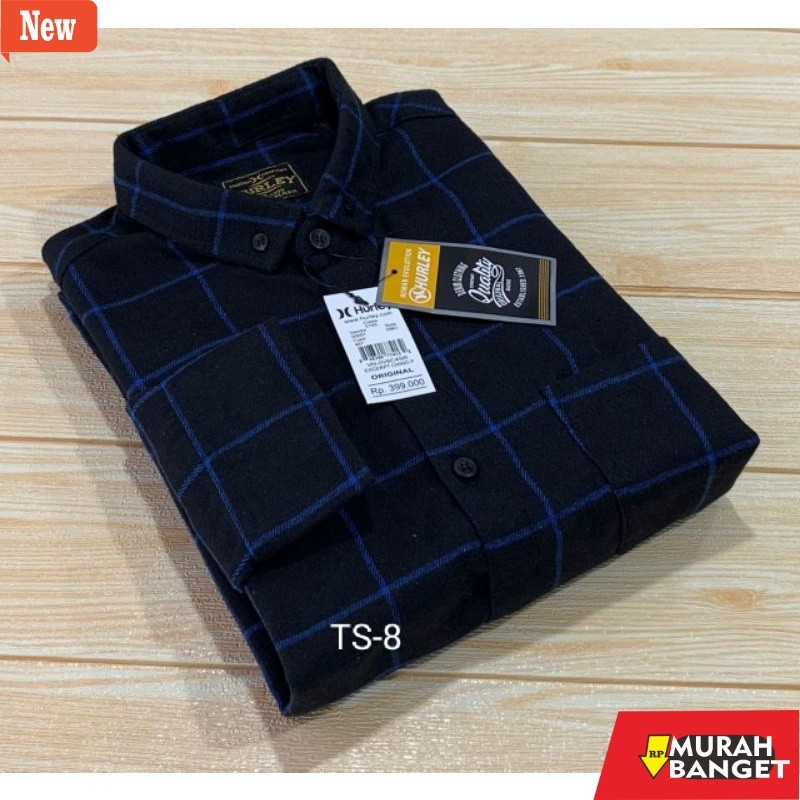 kemeja kotak kotak cowok Kemeja Flanel Pria Lengan Panjang Slim Fit Hem Pria Garis Kotak Biru
