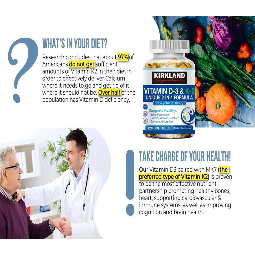 RB22 KIRKLAND Vitamin D3 K2 Kapsul 5000 IU Suplemen Tulang & Jantung, Dukung Penyerapan Kalsium