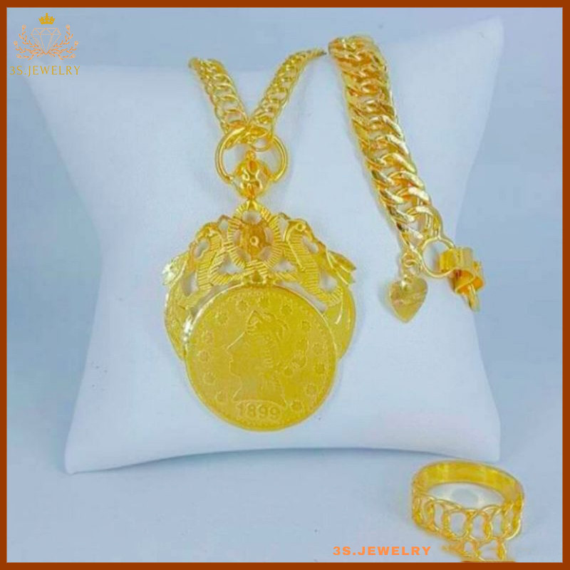 Set Perhiasan emas asli kadar emas muda17,7 model koin ada surat toko