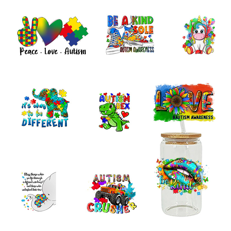 

UV DTF Transfers Stickers, Cup Wraps, Autism Awareness Day, Printed for DIY Glass, Ceramic Metal Leather, 3D, 16oz D3326
