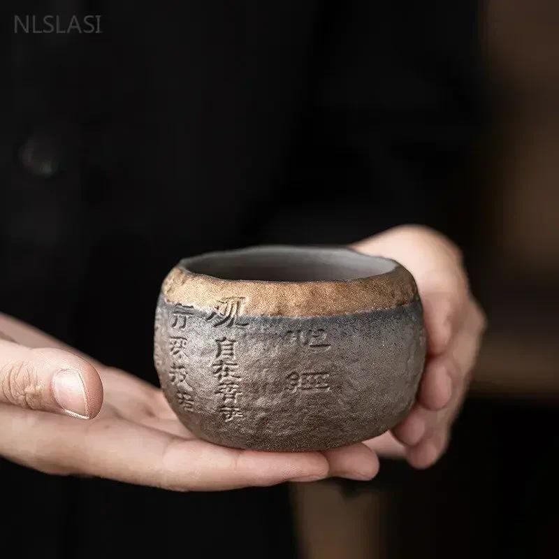 120ml Rough Pottery Handmade Relief Heart Sutra Zen Cup Ceramic Master Individual Single Cup Chinese