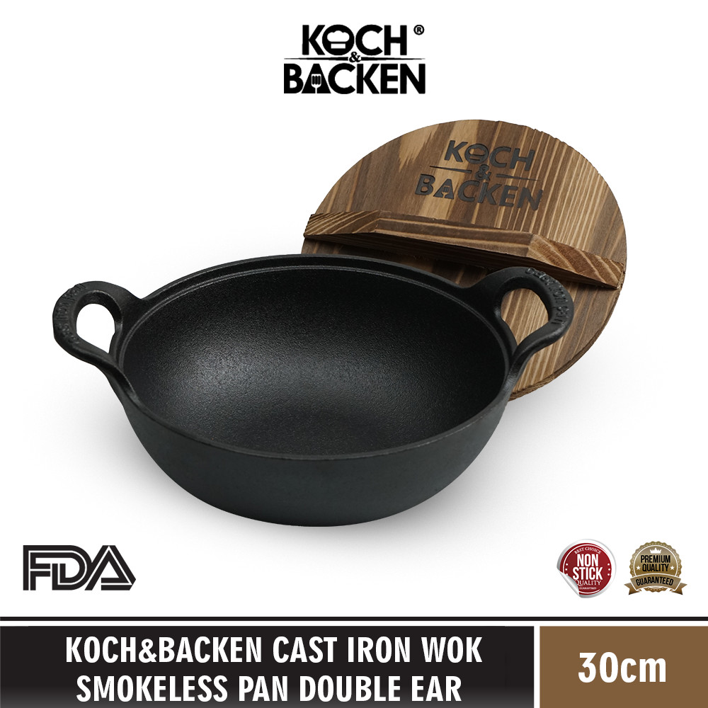 KOCH&BACKEN Cast Iron Wok Smokeless Pan Double Ear With Wooden Lid 30cm - Panci Besi Cor Anti Lengke