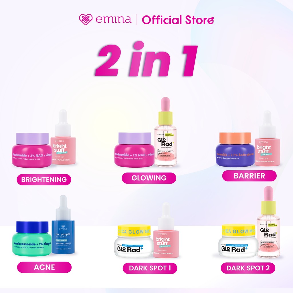 Emina 2 pcs Skincare Paket Moisturizer + Serum - Brightening Moisturizer Gel + Serum Glowing Anti-ac