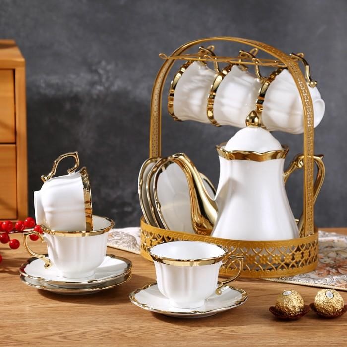 SELEAD Set Teko Cangkir Keramik Kopi 1 Teapot 6 Cup Ceramic Coffee Cup Pot Set Modern Light Luxury E