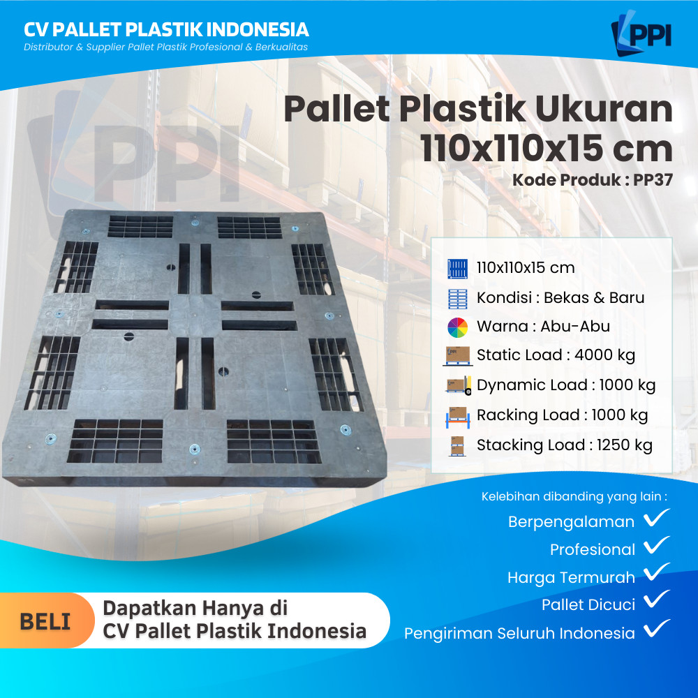 

Pallet Plastik Bekas/Baru Ukuran 110x110x15 cm – PP37 / Pallet Plastik Abu-Abu / Pallet Plastik Plat