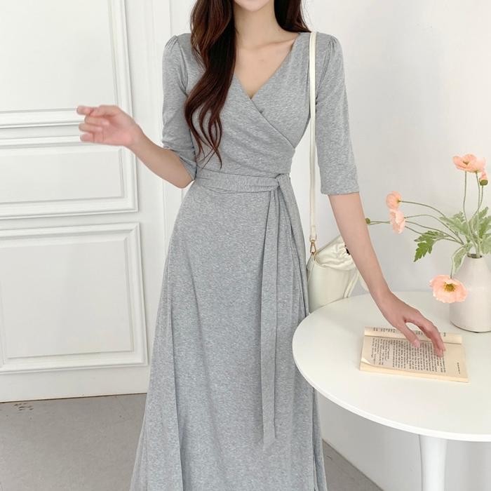 [ADA SIZE JUMBO] D1083 MEDALI KOREAN STYLE VINTAGE MIDI DRESS POLOS Jalan Polos Santai Hijab Panjang