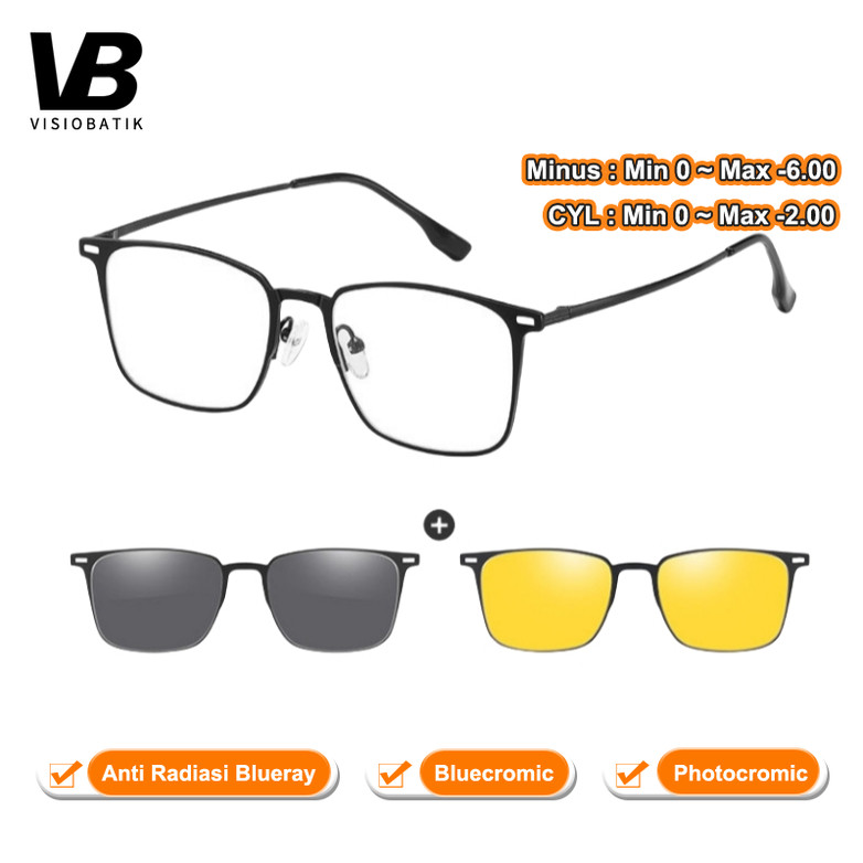 VisioBatik Kacamata Clip On 3in1 Antiradiasi Blueray Photocromic Minus Square Frame Korea Style Pola