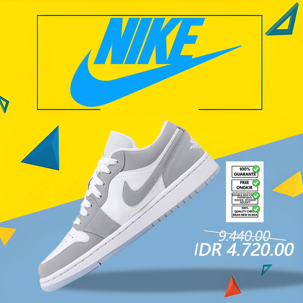 Nike Air Jordan 1 dengan kombinasi warna putih dan abu-abu, model pasangan. Jordan 1 gray white.Pemb