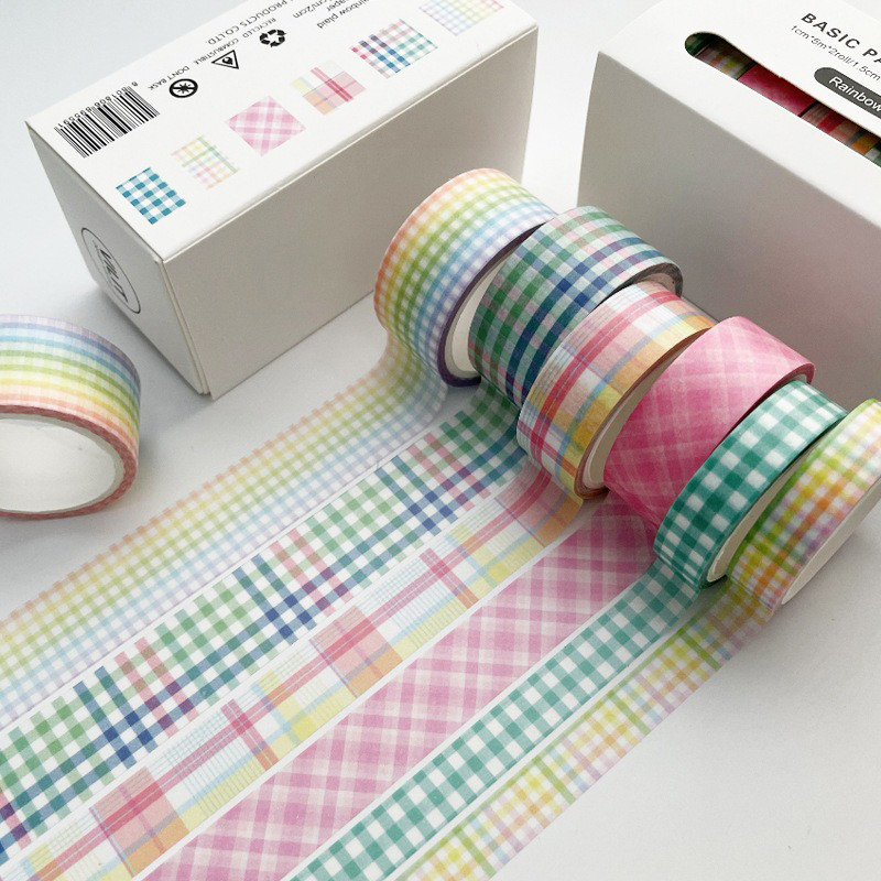 

6Rolls/box Kawaii Handbook DIY Plaid Washi Tape Masking Tape Paper Gift Decoration Material 6 Colors in A Box 5 Meters in A Roll
