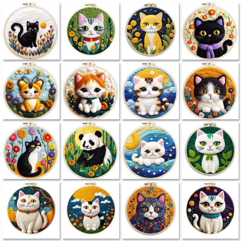 

Needle Felting Painting With Frame Kit For Beginner Cat Wool Felting Painting Handmade Felt Needles, Foam Pad,Cloth