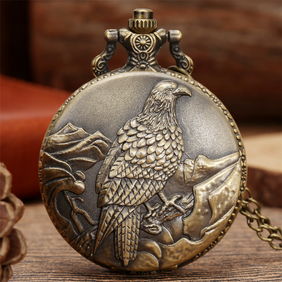 Vintage Old Eagle Display Quartz Pocket Watch Bronze Necklace Chain Exquisite Pocket Clock Gift Men 