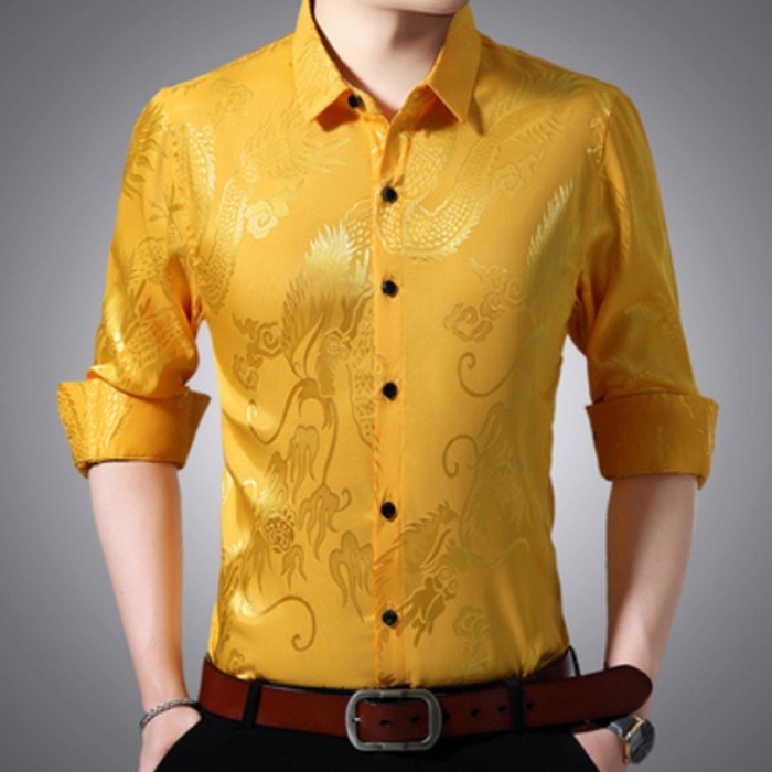 Kemeja Kerja Middle-Aged Pria Buatan Sutra Cina Glossy Naga Pola Pria - Kuning, 170
