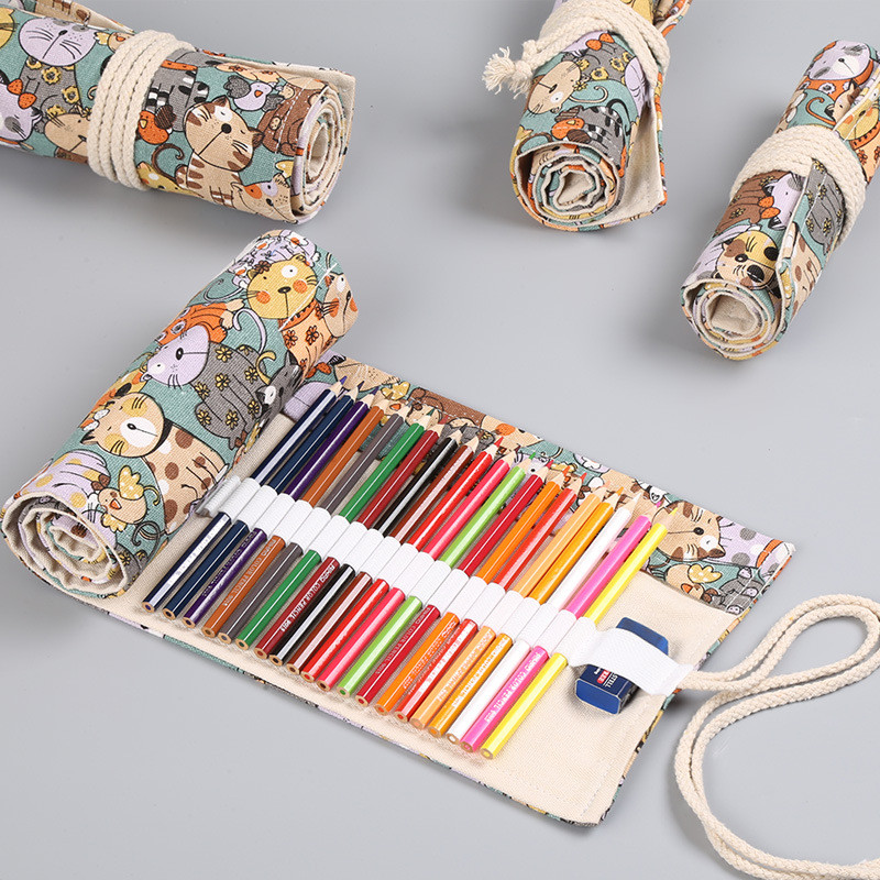 

12/24/36/48/72/108 Holes Cute Cats Canvas Roll Pen Curtain Pouch Color Pencil Bag Case Makeup Wrap Storage School Supplies