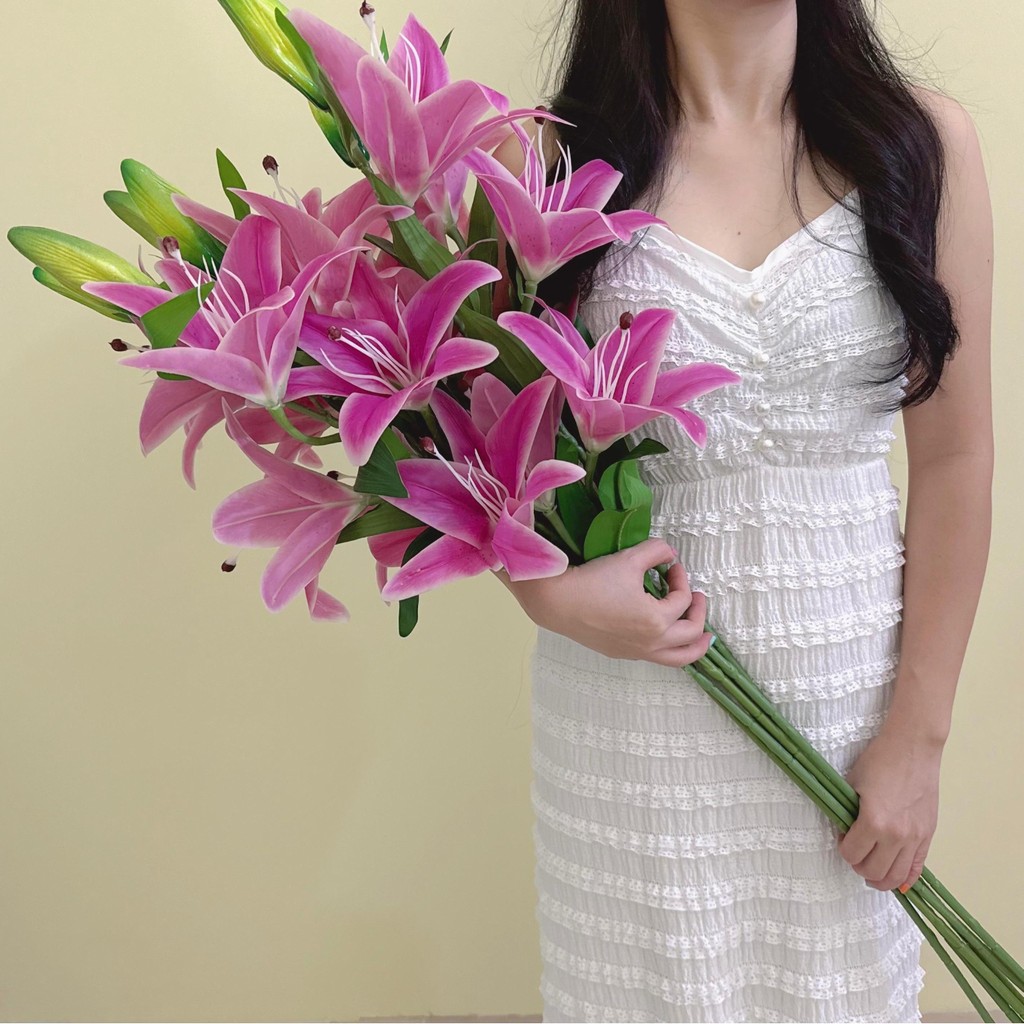 Bunga Lily Latex Besar Jumbo 4 Cabang Bunga Hias Premium Tangkai 108cm