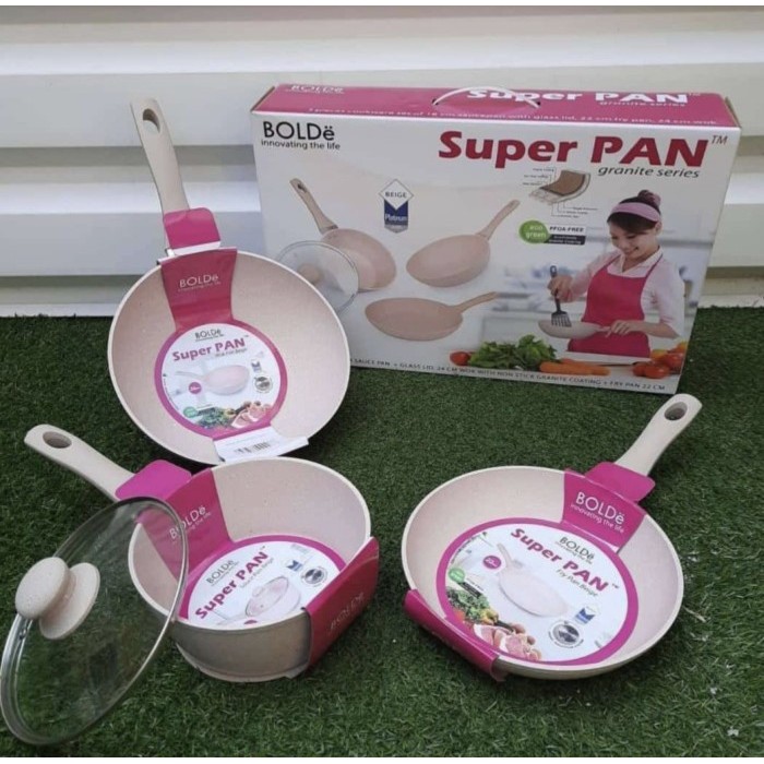 Pojok [ BOLDe ]Panci Set / Wajan / Penggorengan SuperPan Granite 5pcs - Pink