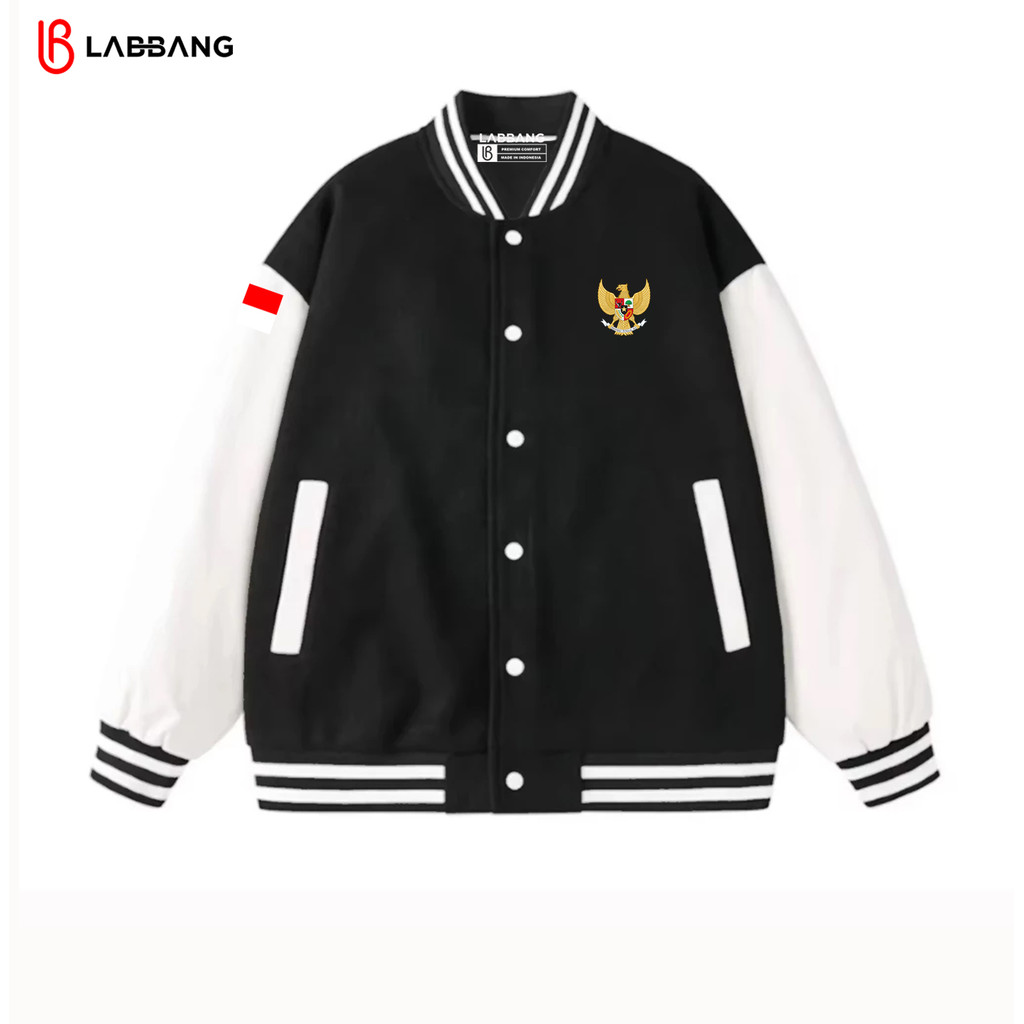 LABBANG Jacket Varsity Baseball Kancing Hitam Putih Garuda Pria Wanita