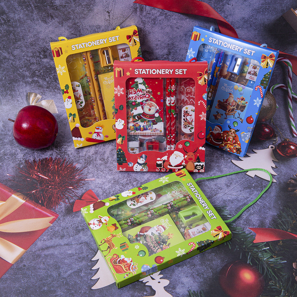

1pc Christmas Stationery Set Kids Cartoon Pencils Eraser Ruler Memo Pads Pencil Knife Set School Supplies Back To School Gift